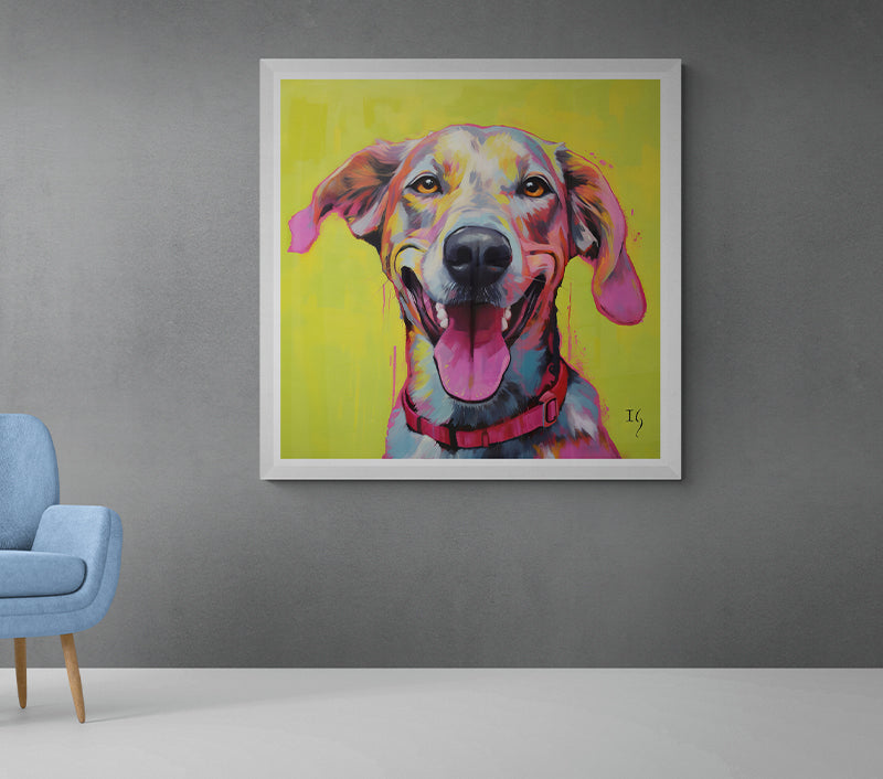 An energetic painting of a dog filled with a kaleidoscope of colors. Its wide-eyed, cheerful expression and large, outstretched tongue capture the essence of playfulness and delight, while the intense yellow backdrop amplifies the overall positivity of the artwork.
