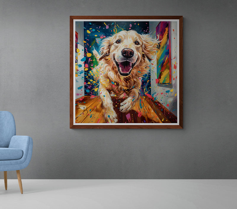Amidst a cacophony of colorful paint splashes, a gleeful Golden Retriever emerges, its fur dappled with hues and its face a picture of exuberance. The background is alive with artistic fervor, with drips, strokes, and splatters complementing the dog's dynamic energy.