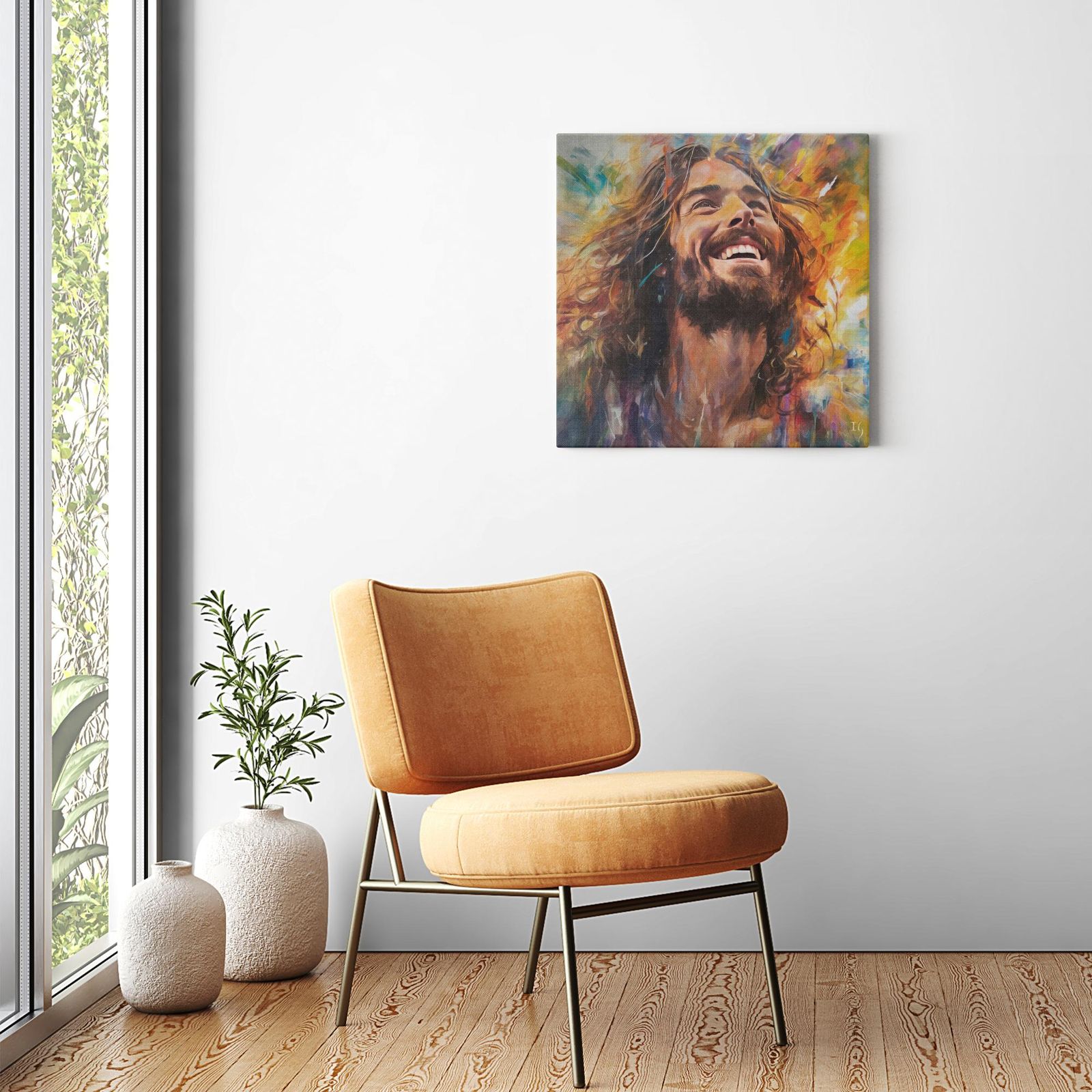 Jesus - Harmony of Hue and Heartbeat artwork detail - smiling Jesus painting wall art