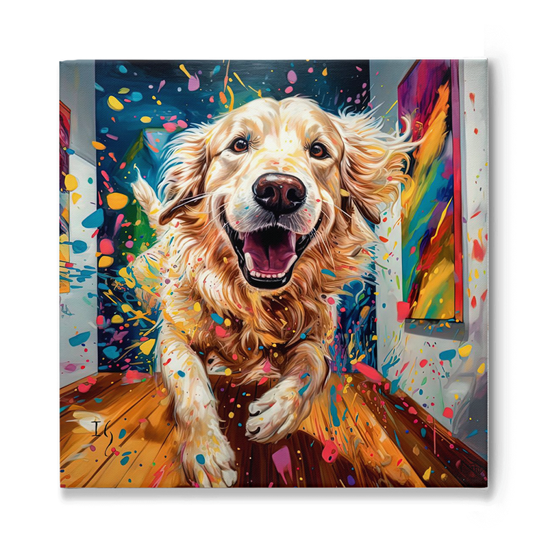 A jubilant Golden Retriever bursts forth from the canvas, its gleaming eyes and broad smile radiating pure joy. Surrounded by a whirlwind of vibrant paint splatters in pinks, blues, yellows, and greens, the dog appears as though in mid-leap, capturing a fleeting moment of ecstasy amidst a backdrop of abstract art.