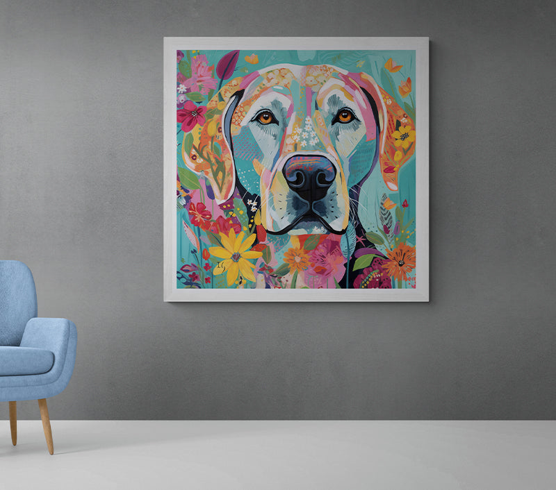 Whimsical pastel dog canvas adorned with blossoms and petals, evoking feelings of springtime joy and the gentle touch of nature.