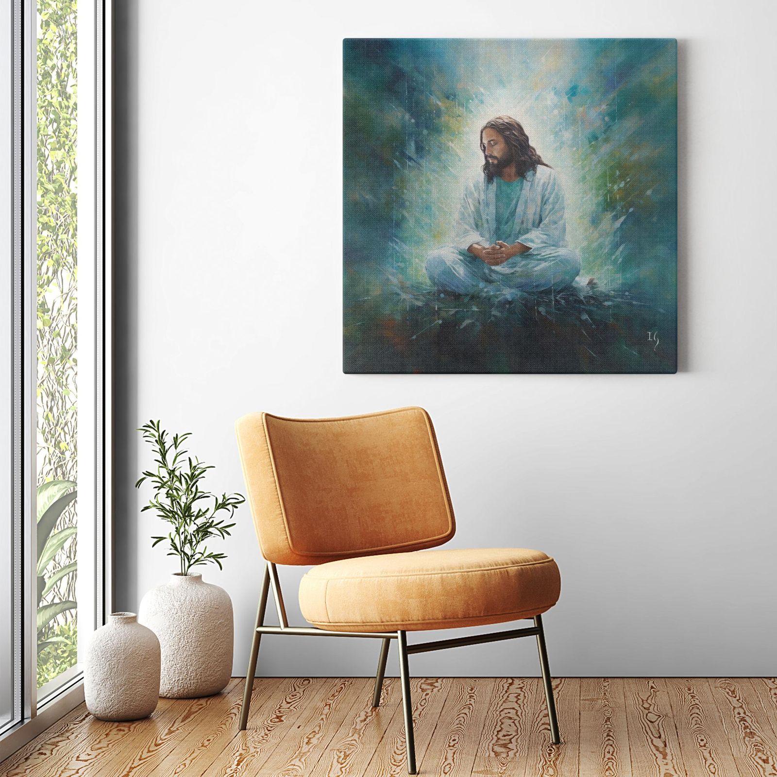 Jesus Serene Meditation artwork detail - smiling Jesus painting wall art