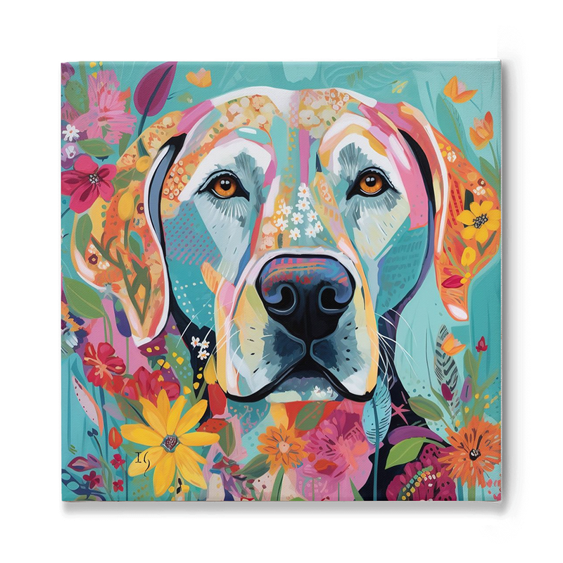 Vibrant portrait of a dog surrounded by a floral dreamscape, blending the beauty of nature with the soulful eyes of man's best friend.