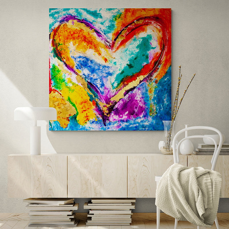 Golden Heart canvas print in room setting - heart painting by Ivan Guaderrama
