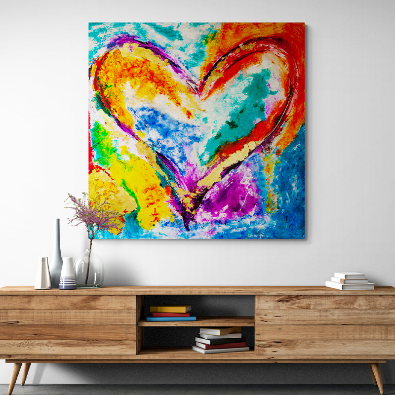 Golden Heart canvas print in room setting - heart painting by Ivan Guaderrama