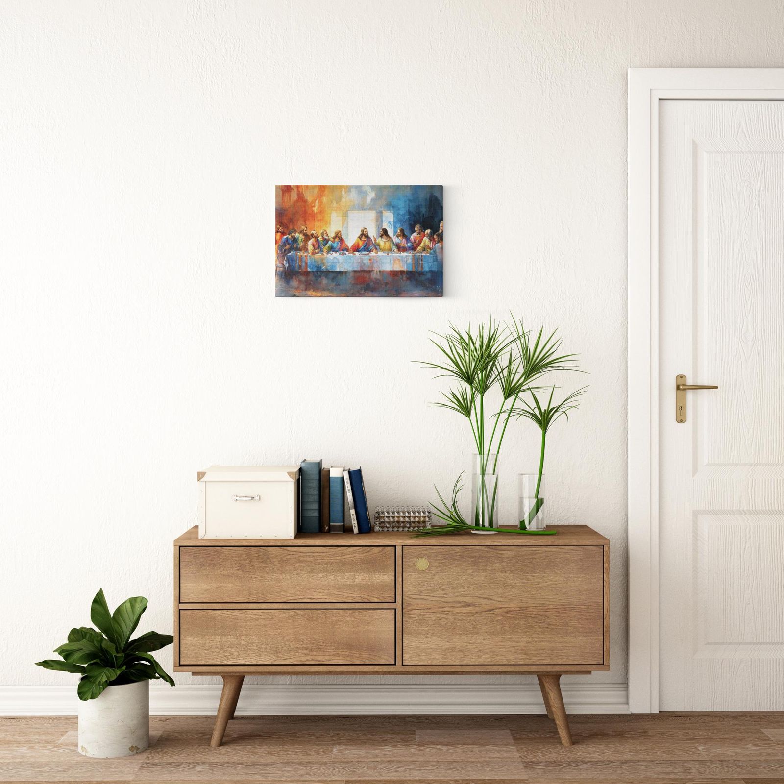 Last Supper - Communion in Color artwork detail - smiling Jesus painting wall art
