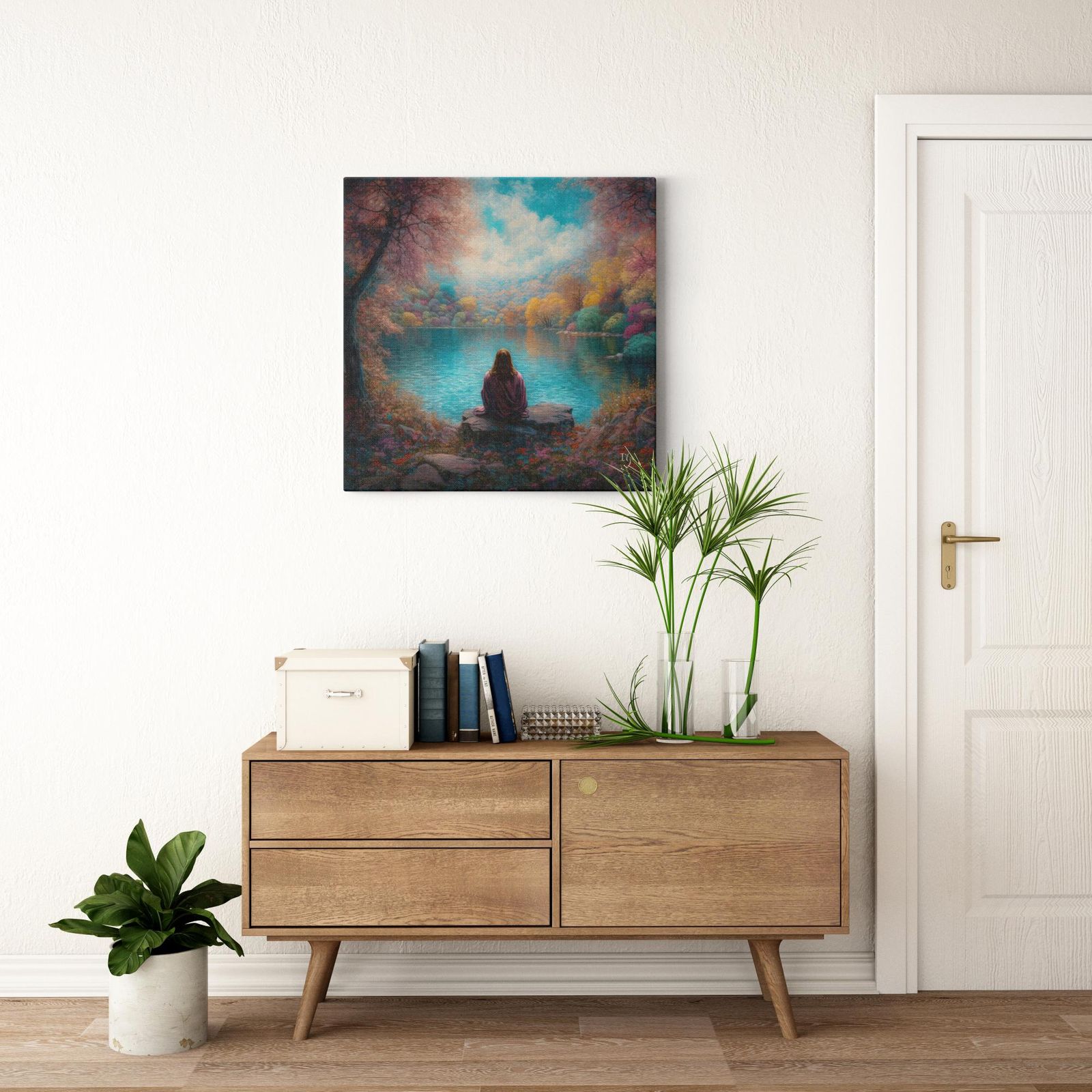 Jesus; Tranquility Embodied on Water artwork detail - smiling Jesus painting wall art