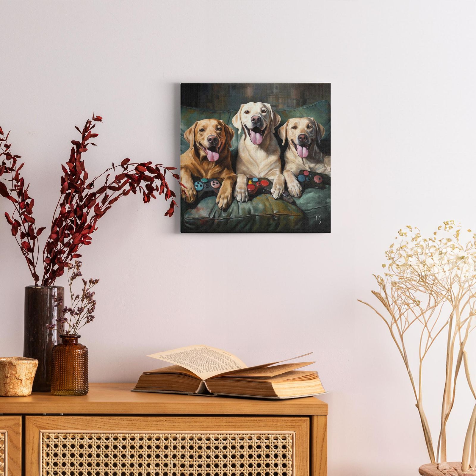 Golden Gaming Joy artwork detail - colorful pet portrait art wall art