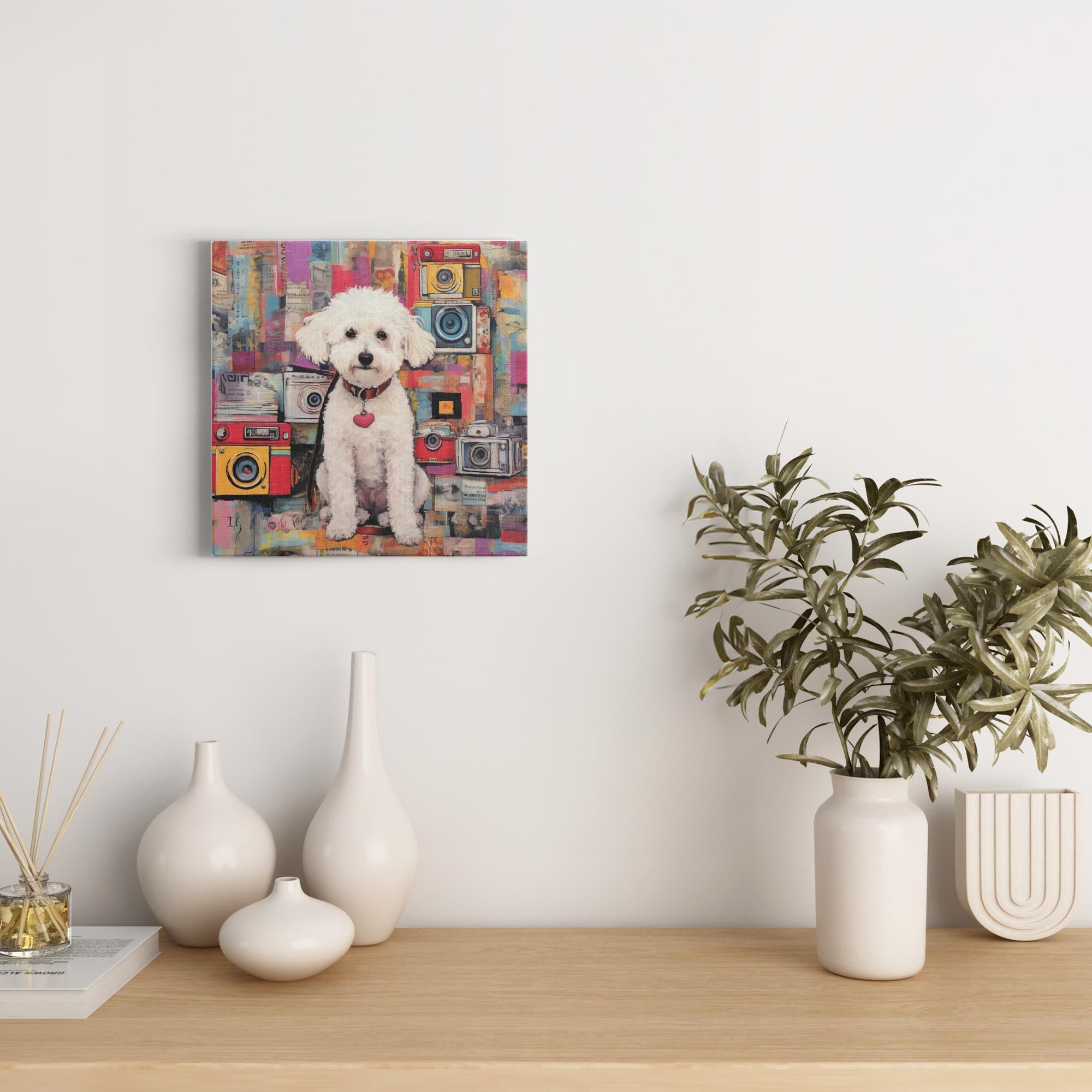 Canine Newsprint Chronicle artwork detail - colorful pet portrait art wall art