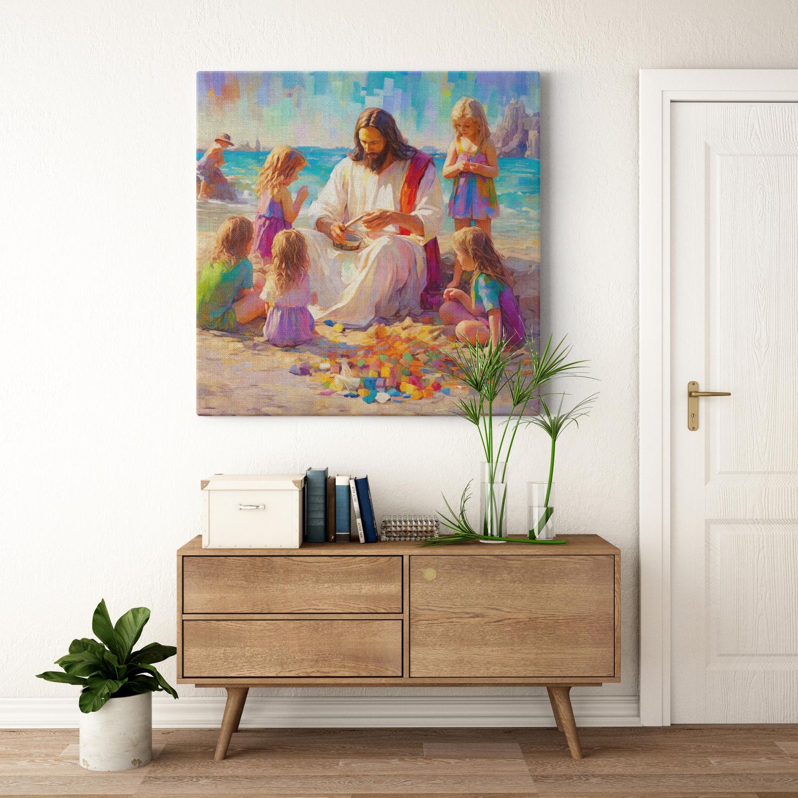 Sands of Serenity: Joyful Teachings artwork detail - smiling Jesus painting wall art