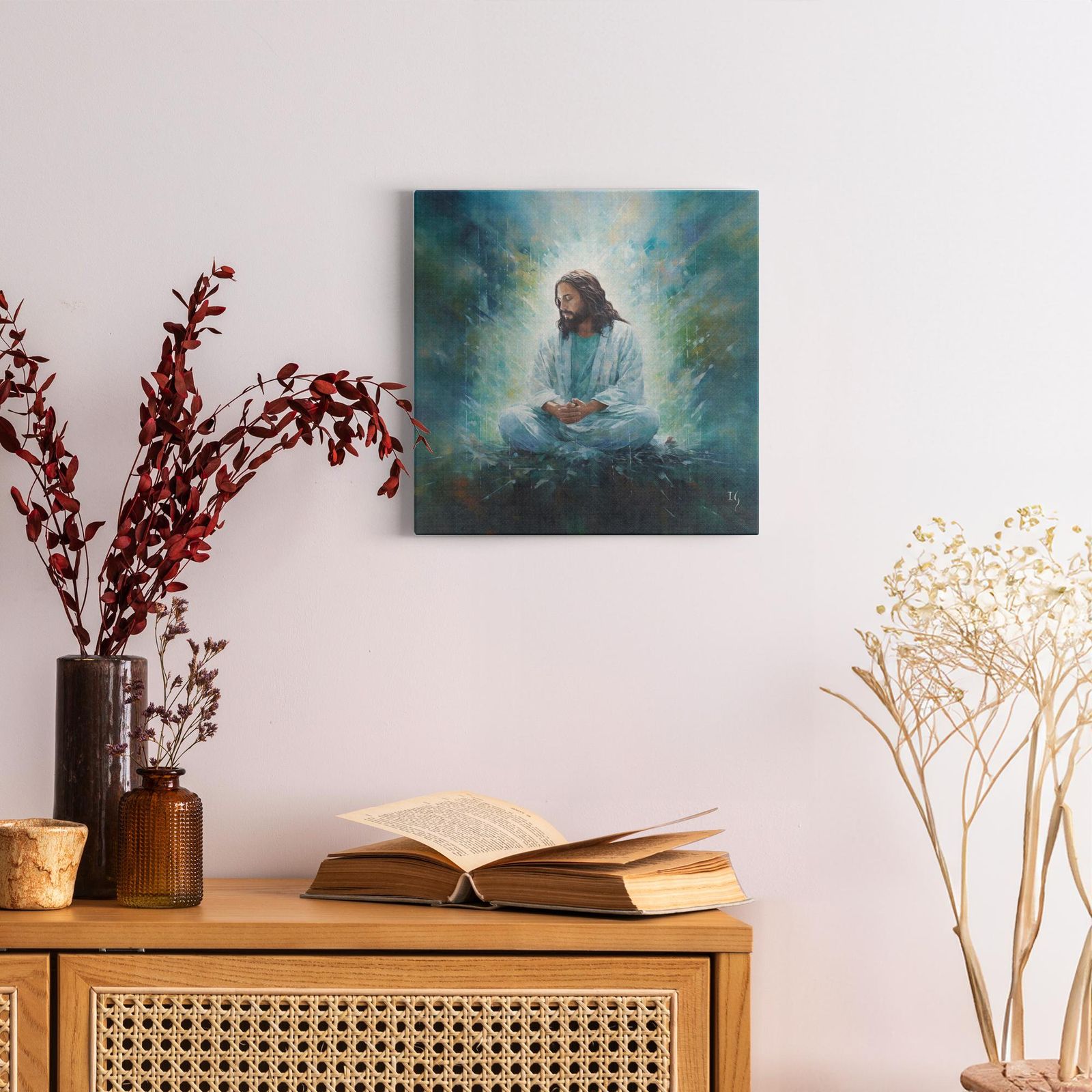 Jesus Serene Meditation artwork detail - smiling Jesus painting wall art