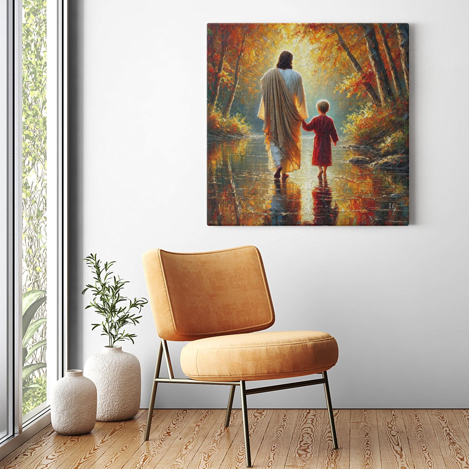 Autumn’s Embrace: Walk of Grace artwork detail - smiling Jesus painting wall art