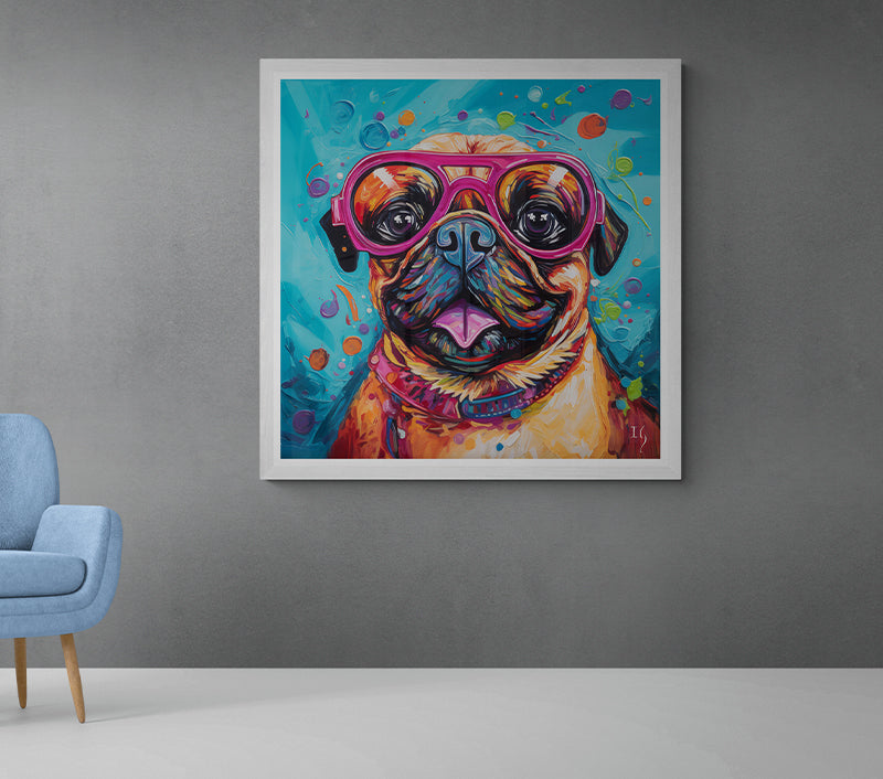 An eye-catching illustration of a Pug wearing oversized pink diving goggles. Its fur is painted in a riot of colors, contrasting brilliantly with a teal background dotted with effervescent bubbles and curlicues.