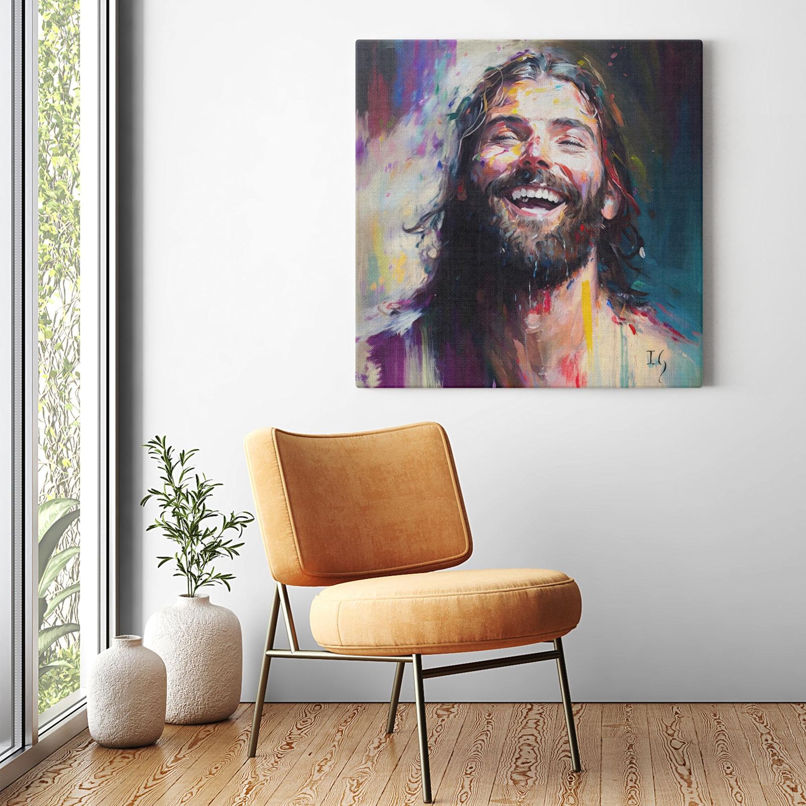 Jesus- Celestial Laughter artwork detail - smiling Jesus painting wall art