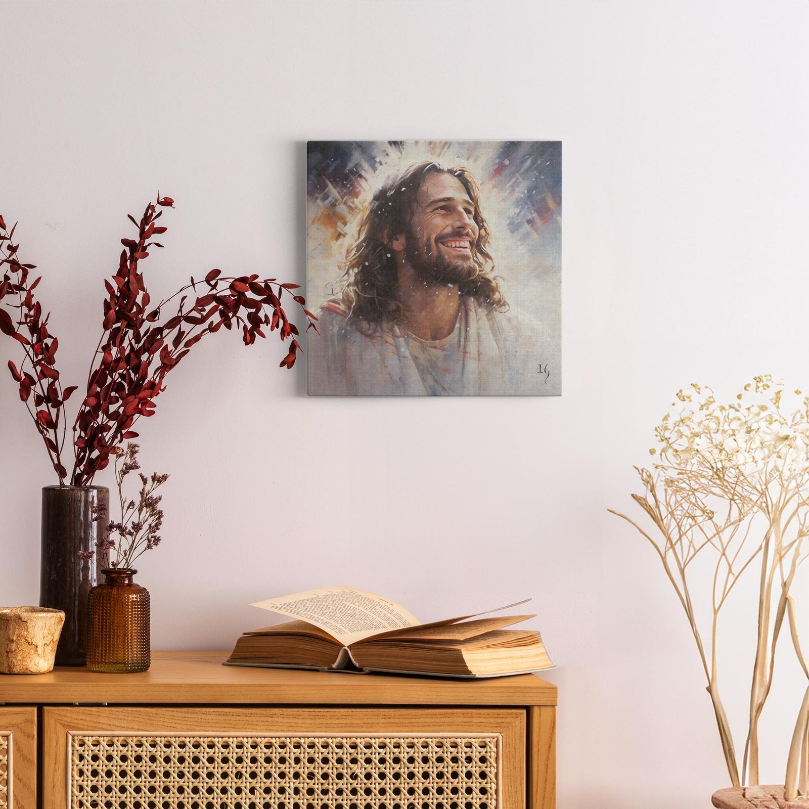 Serene Smile of Jesus artwork detail - smiling Jesus painting wall art