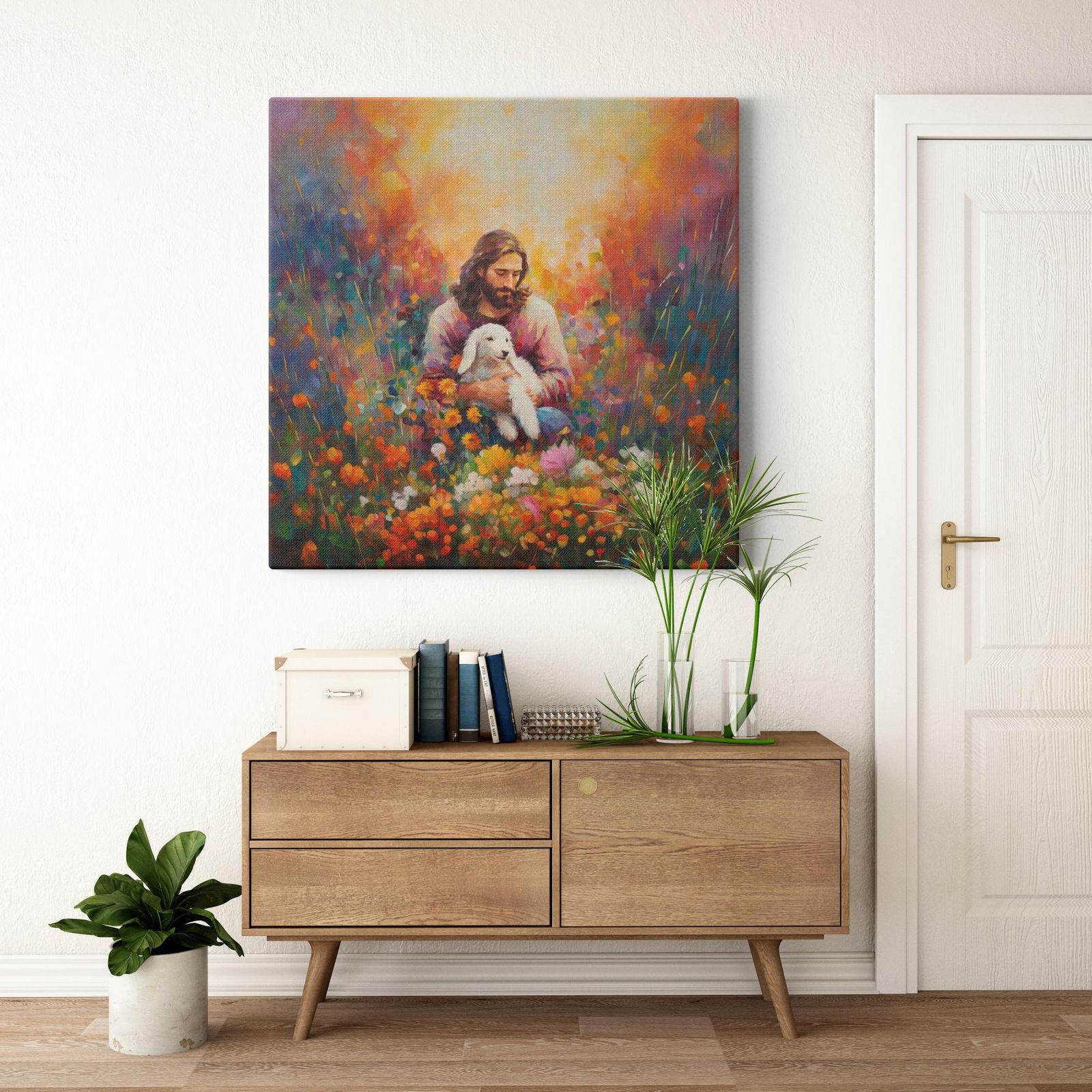 Jesus in the Midst of Serenity artwork detail - smiling Jesus painting wall art
