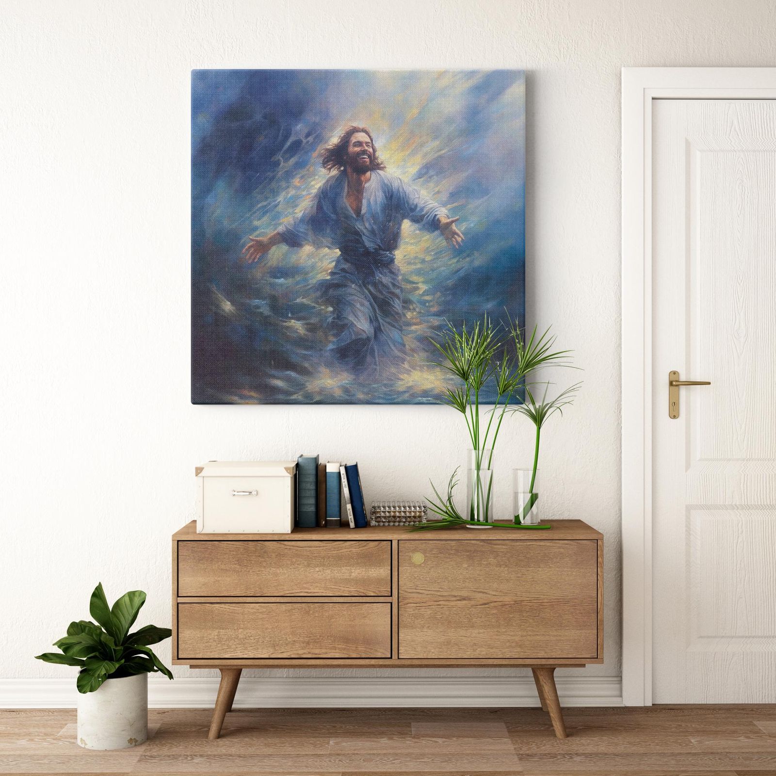 Calmly Conquering the Currents artwork detail - smiling Jesus painting wall art