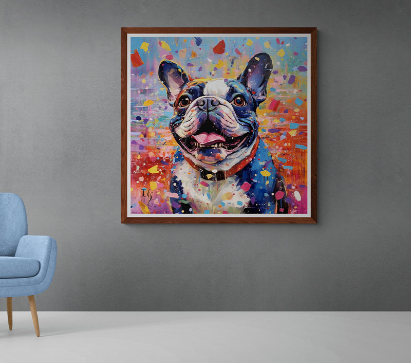Amidst a riot of colorful splatters, a lively French Bulldog pop out with its endearing eyes and playful grin. The multitude of abstract shapes and hues dance around the canine, echoing its energetic and cheerful presence, making the artwork a visual festival.