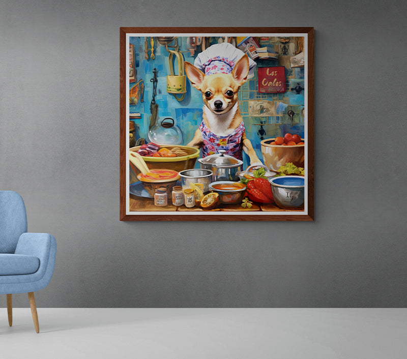 An eager Chihuahua chef, adorned in a colorful apron and a white chef's hat, is surrounded by an eclectic mix of cooking essentials. From pots brimming with fresh produce to jars of spices, the scene is a culinary delight. The backdrop, painted in shades of blue, displays an assortment of kitchen artifacts and a 'Las Cabas' board, suggesting a homely kitchen setting.