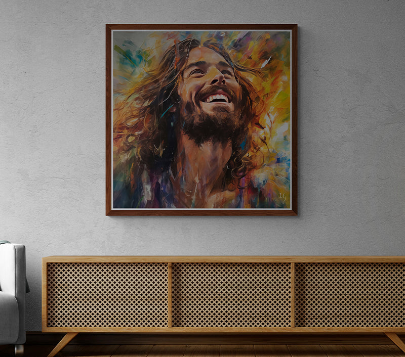 Colorful artwork of Jesus with a radiant smile, beautifully displayed in a study.