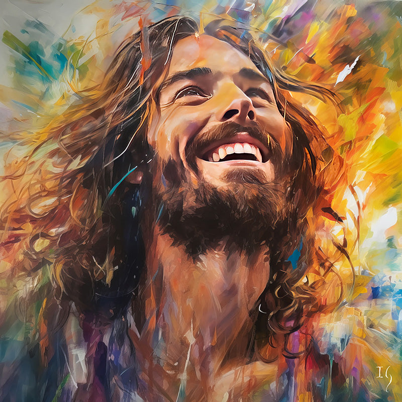 Modern depiction of Jesus smiling, symbolizing happiness and faith.