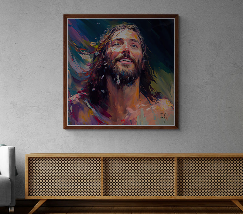 Framed artwork of Jesus with wet hair, exuding happiness in vivid colors.