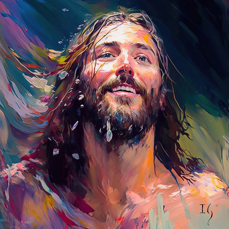 Colorful portrait of Jesus with wet hair, capturing a moment of divine bliss.