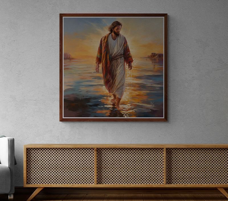 Jesus' Serenity - Elegant artwork of a tranquil scene: man in white robe and vibrant cloak, stepping on water against a golden sunset backdrop. Ideal for adding a touch of spiritual grace to home interiors.
