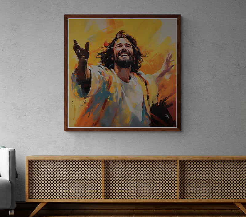 Jesus; The Light of the World - Expressive painting of an elated individual with wind-swept hair, outstretching his arms amidst a sunlit, energetic orange and yellow atmosphere.