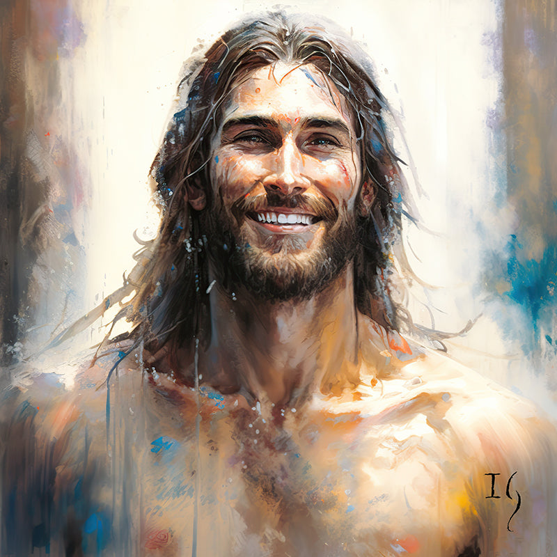 Expressive artwork of Jesus smiling, highlighted by warm tones and dynamic brushstrokes.
