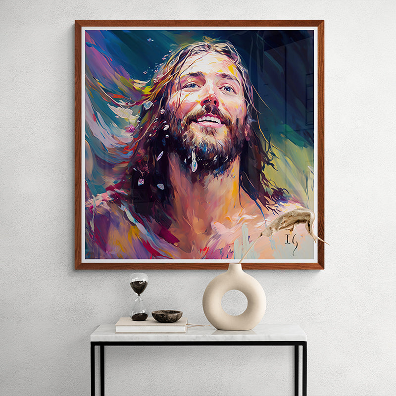 Modern painting of Jesus, joyful and vibrant with water droplets on his face.