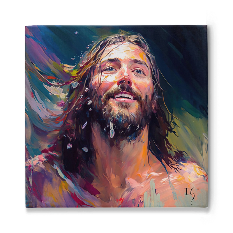 Vibrant painting of Jesus with water droplets, radiating joy and serenity.