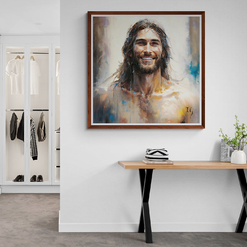 Modern interior with a framed painting of Jesus smiling, placed above a minimalist wooden table.