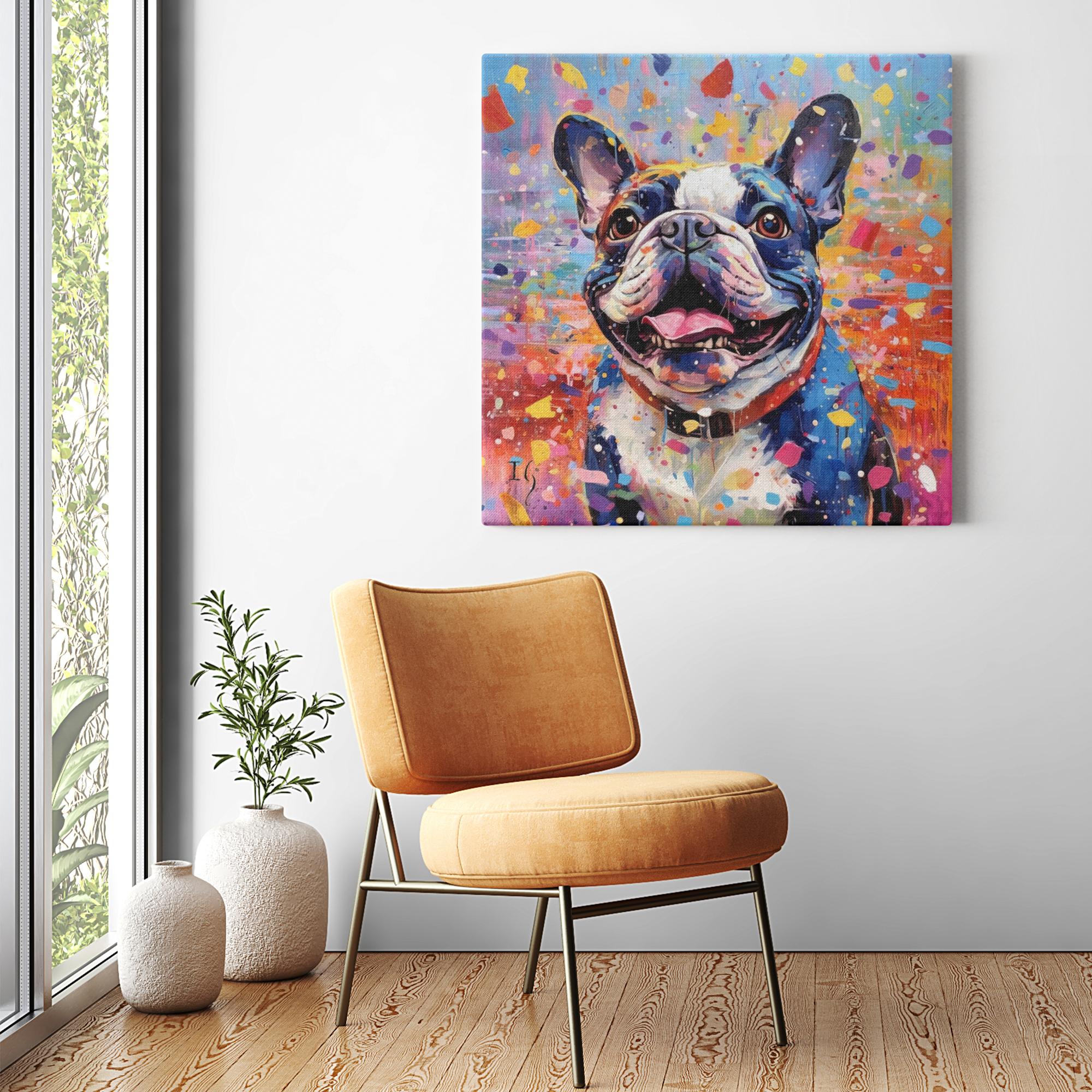 Joie De Vivre - Playful Frenchie artwork detail - colorful pet portrait art wall art
