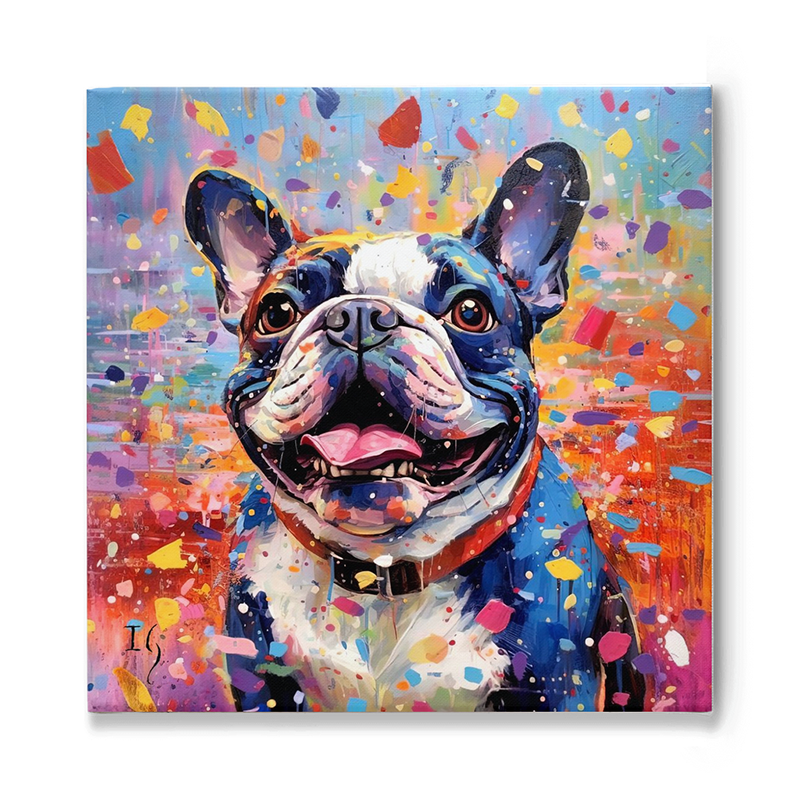 A joyful French Bulldog, painted in rich blues and whites, grins exuberantly against a backdrop bursting with splashes of vivid colors. The confetti-like rain of pinks, yellows, reds, and blues celebrates the dog's spirited demeanor, with the entire scene emanating happiness and exuberance.