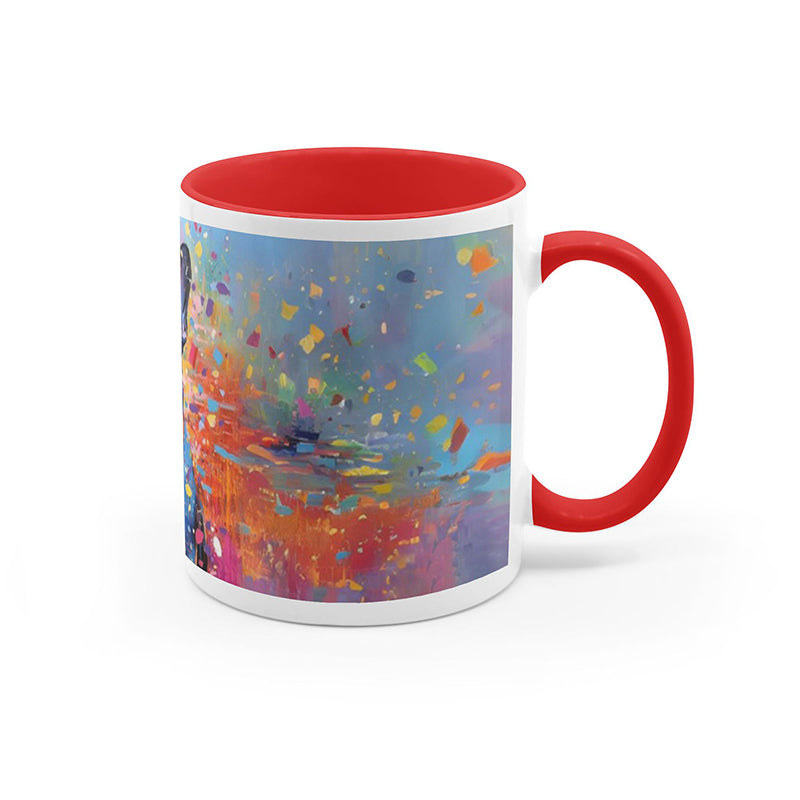 Artistic mug showcasing a happy French bulldog with bright, colorful accents.