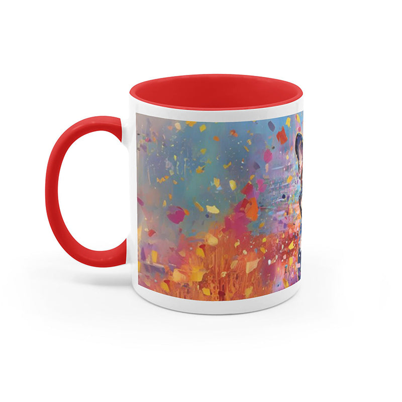 Vivid ceramic mug with a smiling French bulldog in a burst of vibrant colors.