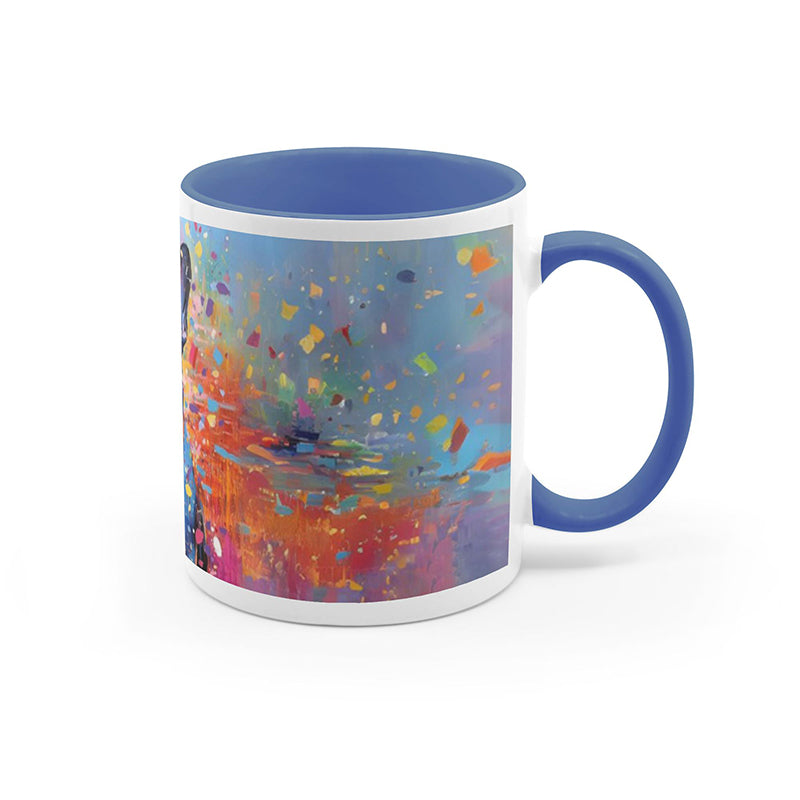 Cheerful French bulldog surrounded by vibrant splashes of color on a ceramic mug.