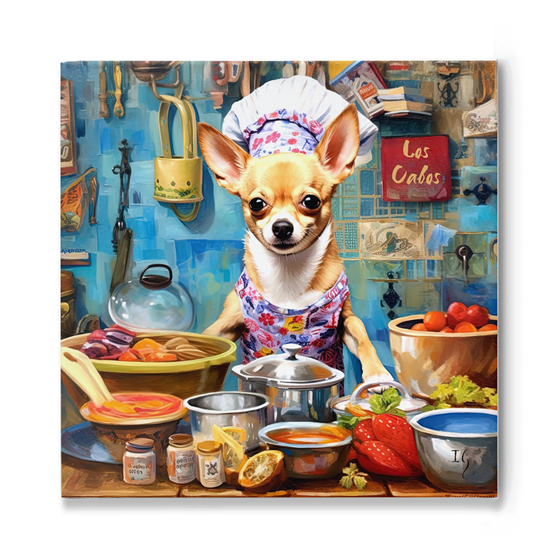 A charismatic Chihuahua dons a chef's hat and a floral apron, seemingly ready to embark on a culinary adventure. The canine stands proudly amidst an array of kitchen utensils, fresh ingredients, and vibrant foods, set against a nostalgic blue backdrop filled with rustic tools, books, and snippets of memories. A sign reading 'Las Cabas' adds a touch of locale to the scene.