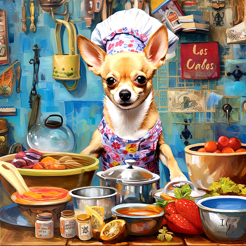 In a vividly painted kitchen, a Chihuahua dressed as a chef captures the essence of culinary passion. With eyes full of determination, it stands among pots of fruits, vegetables, and various cooking implements. The surrounding walls, adorned with kitchenware, books, and a 'Las Cabas' sign, further accentuate the homely ambiance of the artwork.