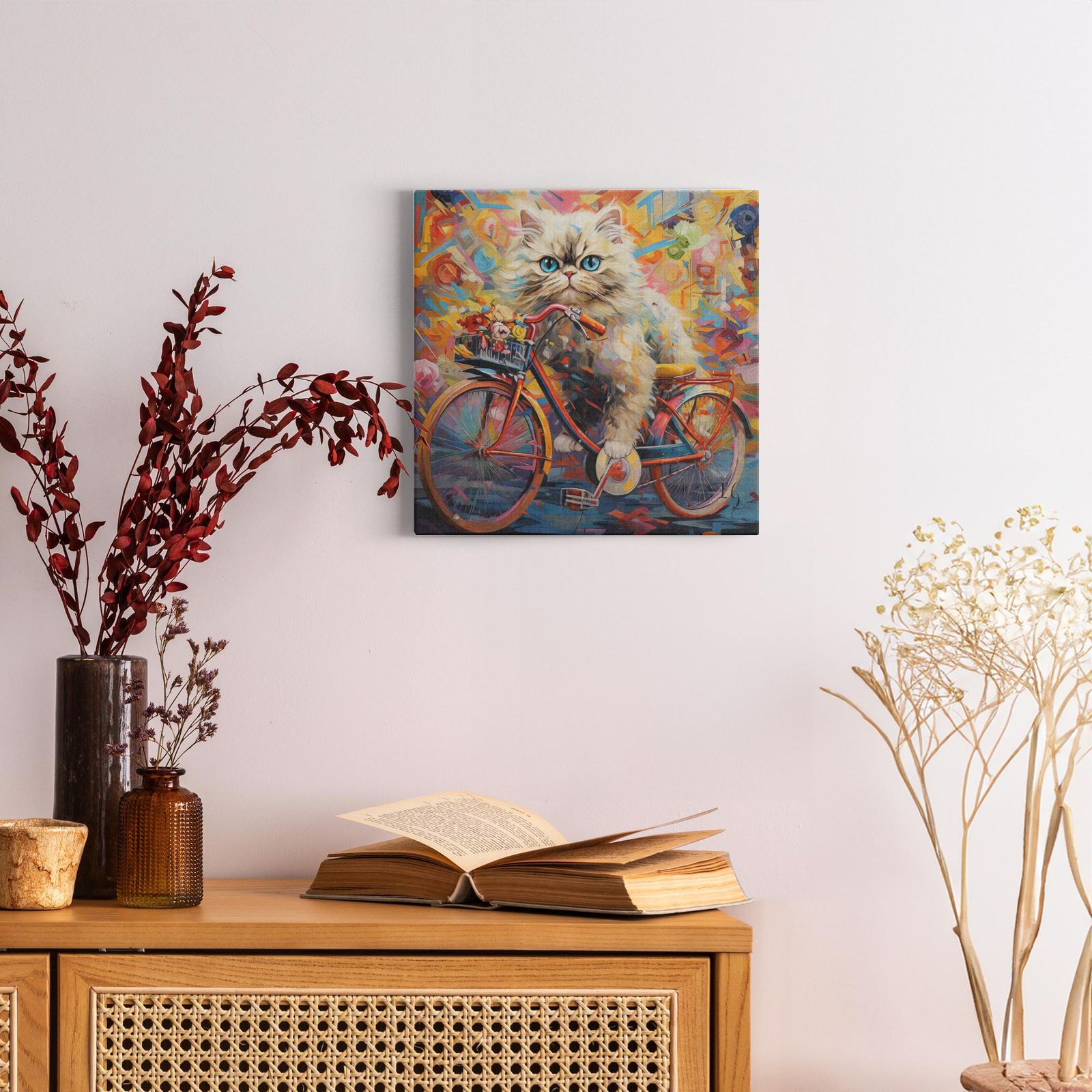 Kitten's Floral Ride artwork detail - colorful pet portrait art wall art