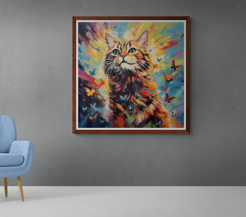 Cat and butterflies in vibrant abstract artwork, stylish wall decor piece