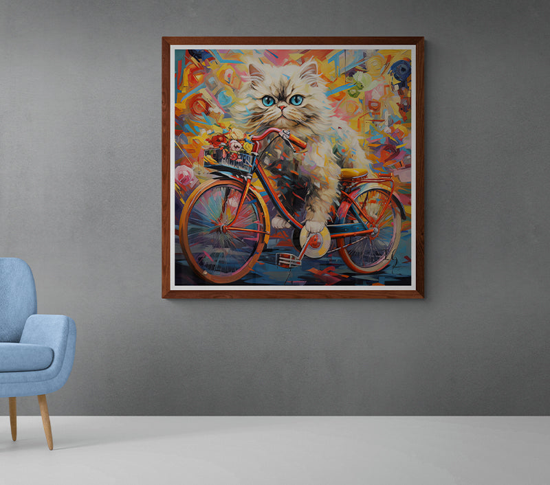 Whimsical kitten on a bicycle, blue-eyed kitten in a colorful frame