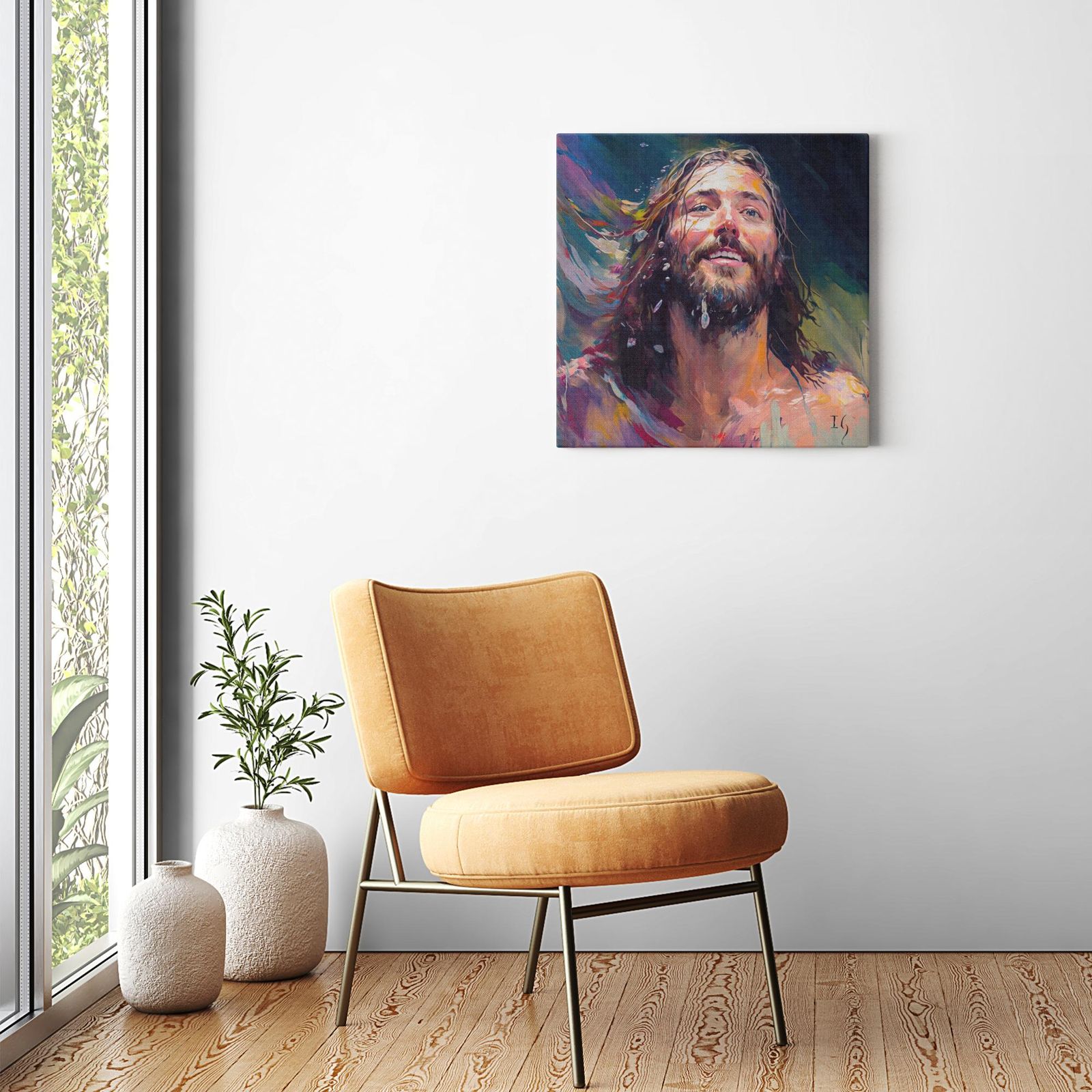 Jesus- Joyful Messiah artwork detail - smiling Jesus painting wall art