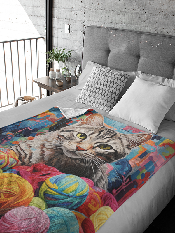 Artistic portrayal of a playful encounter with a green-eyed cat amidst colorful worsted balls