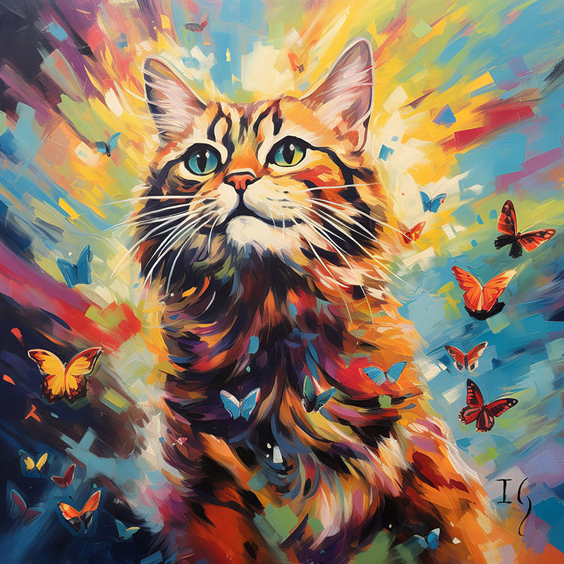 Bright and colorful cat painting with butterflies