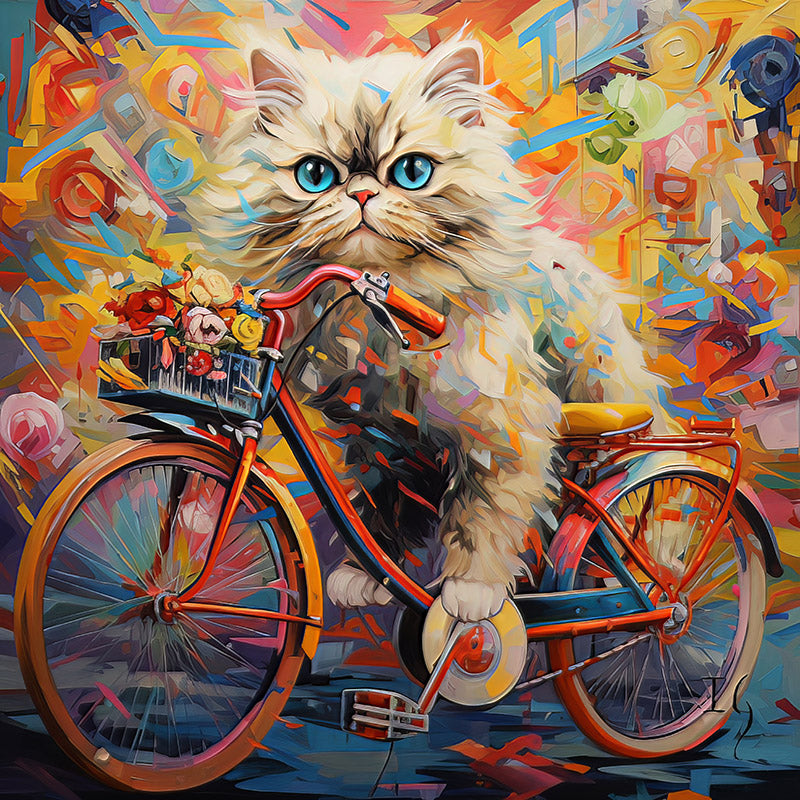 Charming kitten riding a colorful bike in a lively abstract setting