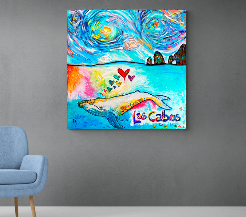 LOS CABOS WHALE - LIMITED EDITION canvas print in room setting - heart painting by Ivan Guaderrama