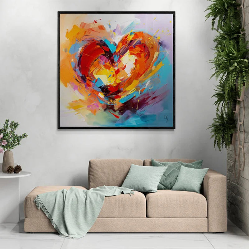 Colorful heart abstract artwork in a home office setting, encouraging a blend of passion and productivity, a delightful backdrop for creative endeavors.