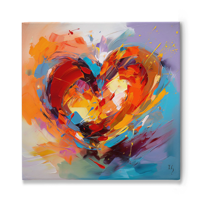 Abstract heart painting with a fiery blend of orange and red, capturing the intensity of love, ideal for energizing any living space.